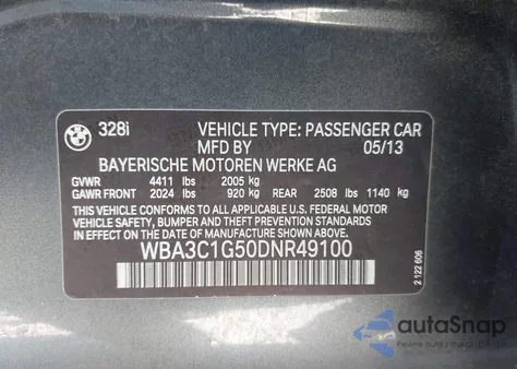 2013 BMW 328I from USA, damaged, VIN WBA3C1G50DNR49100